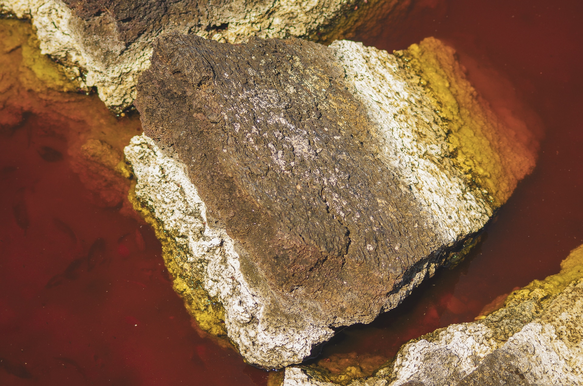 un rocher dans une eau aux couleurs de dégradés de rouges
