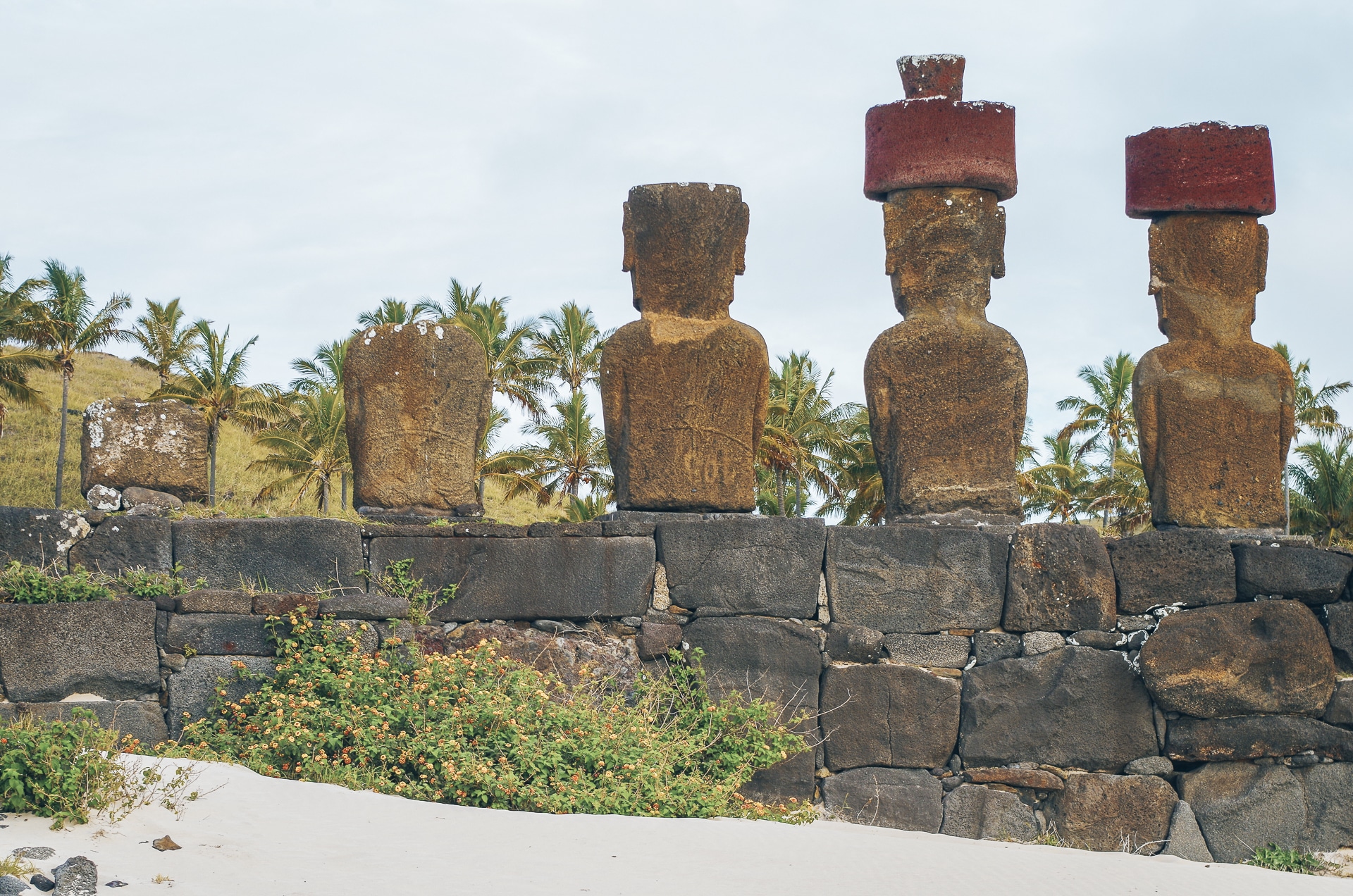 Moai vu de dos avec les détails des gravures sur la plage d'Anakena sur l'île de Pâques