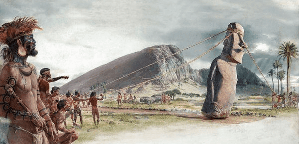 image de Moai qui marchent pour expliquer la méthode de transport