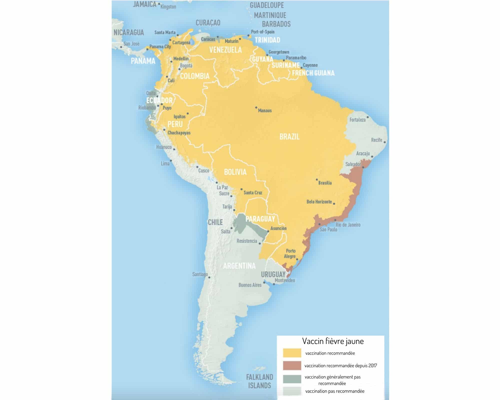 carte de la vaccination recommandée ou non de la fièvre jaune en Amérique du Sud vaccins tour du monde