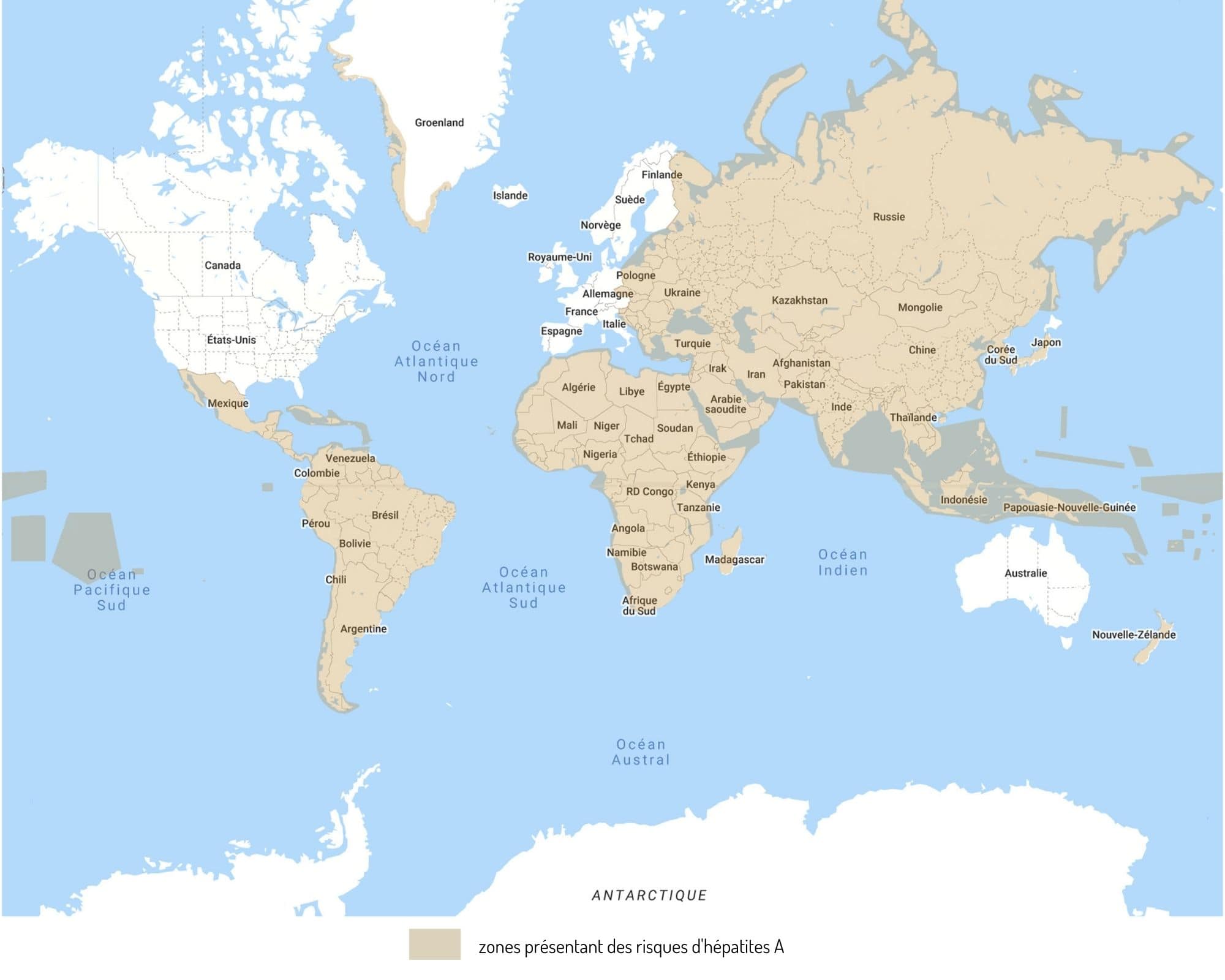 carte représentant les zones de circulation de l'hépatite A un des vaccins de tour du monde