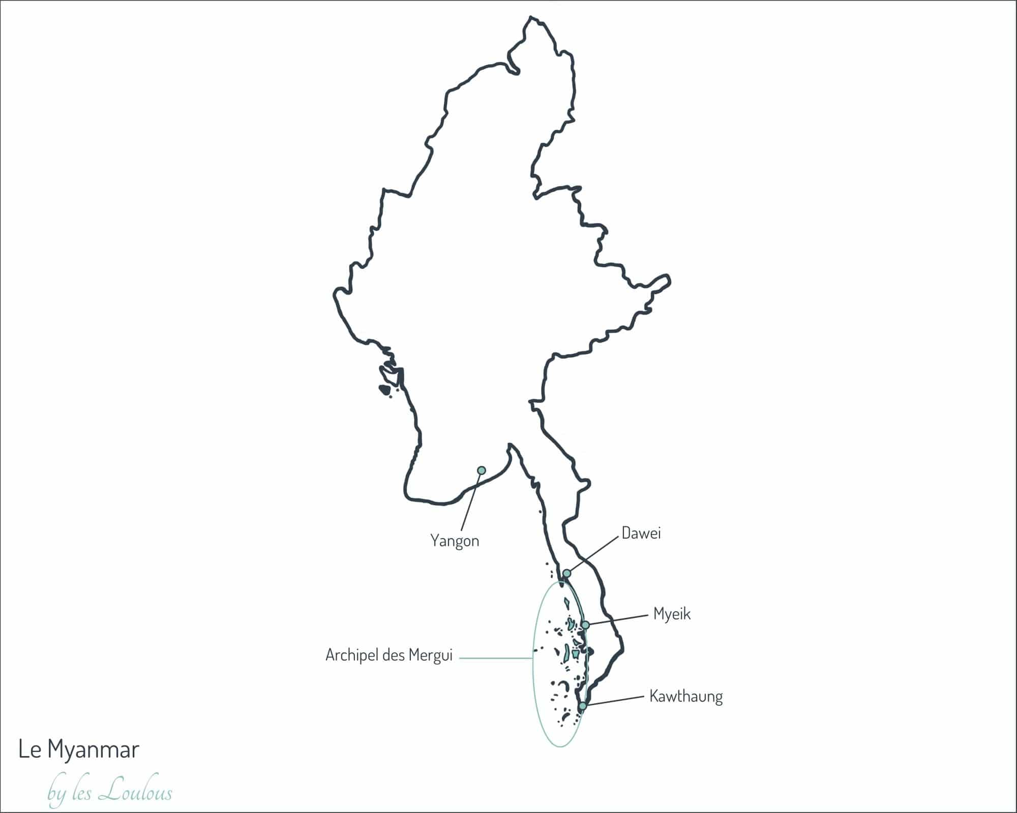 carte montrant les portes d'entrée de l'archipel des Mergui au Myanmar