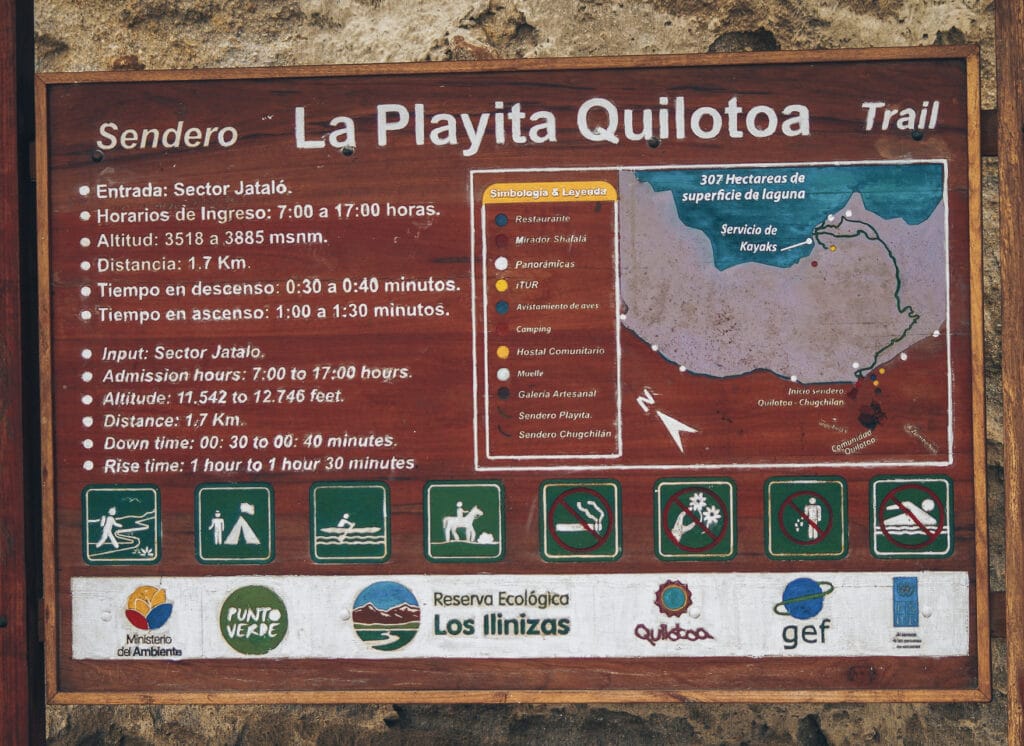 panneau explicatif du sentier qui mène au lac du volcan Quilotoa