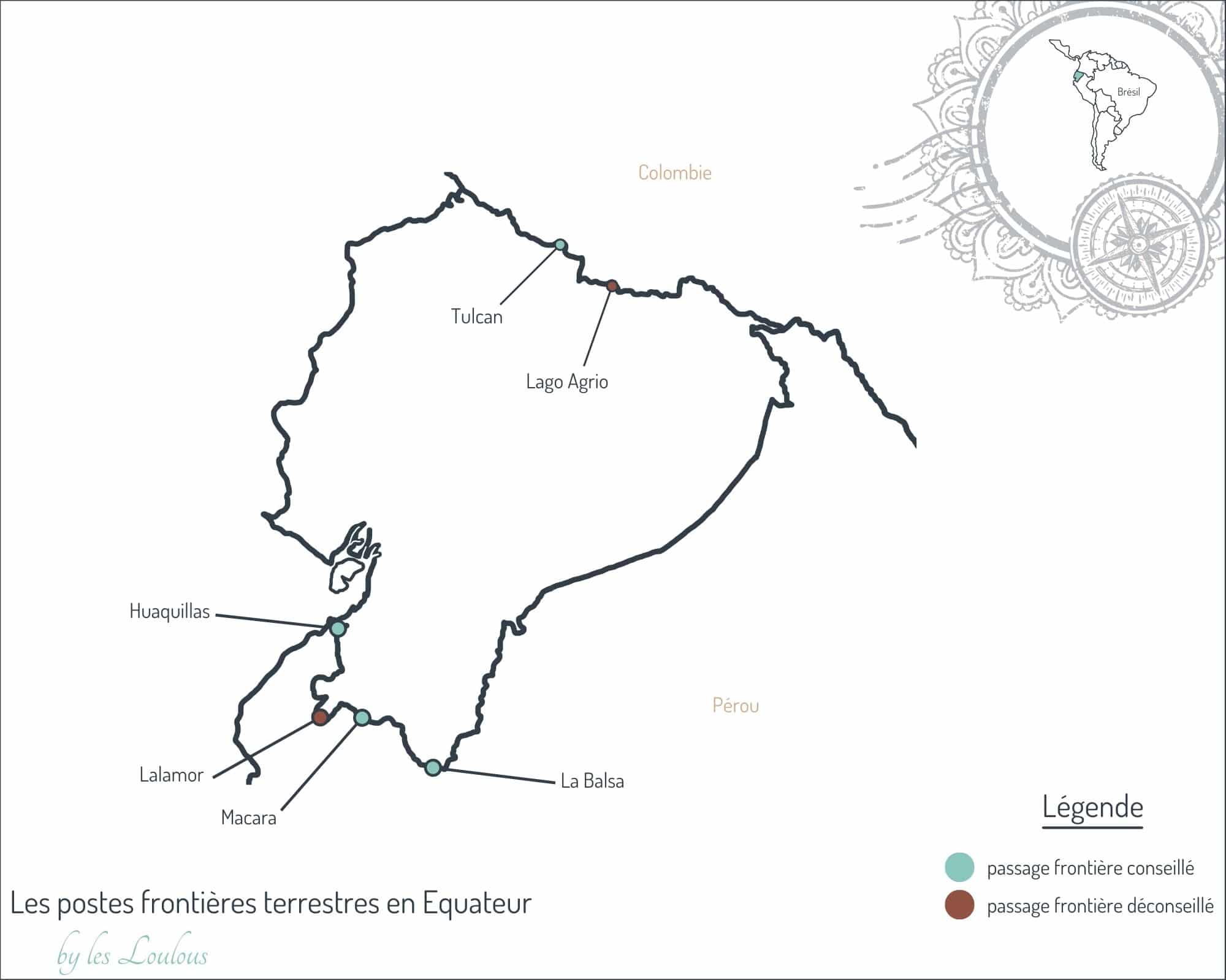 carte montrant les postes frontières terrestres en Equateur avec le Pérou et la Colombie