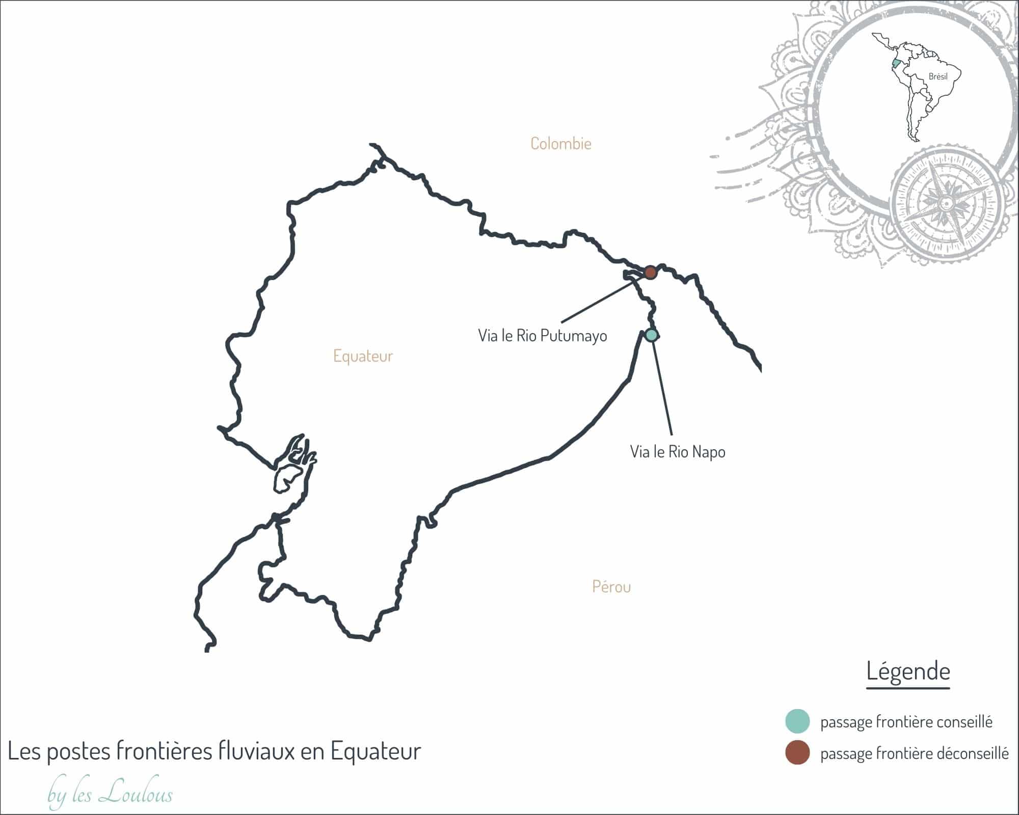 carte montrant les passages frontière fluviaux en Equateur