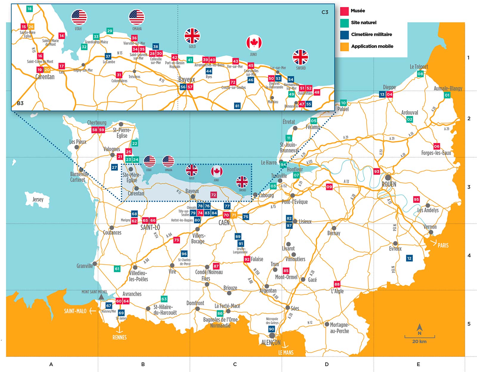 carte plage du débarquement visiter la Normandie en 3 jours